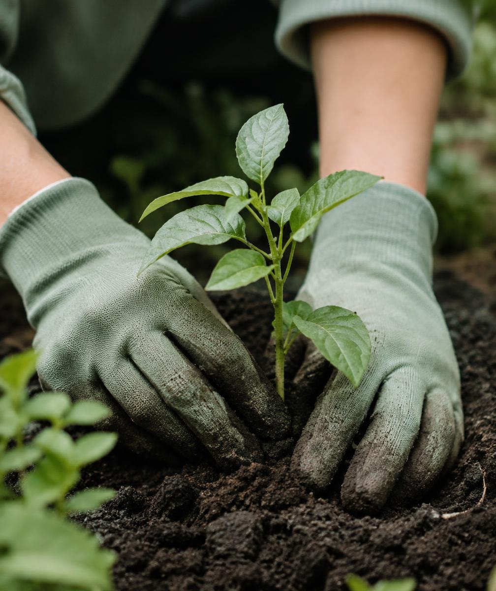 Gloved hands planting a seedling